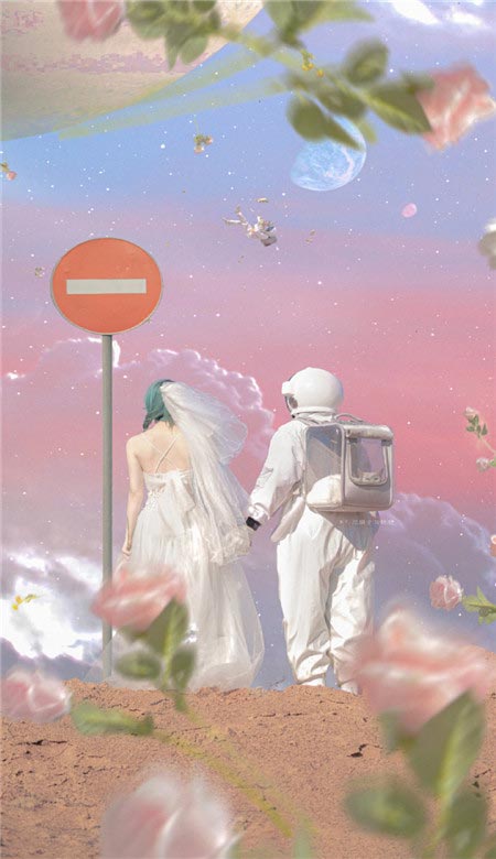 宇航员的浪漫婚纱情侣壁纸，喜欢大海日落以及一些爱而不得的东西