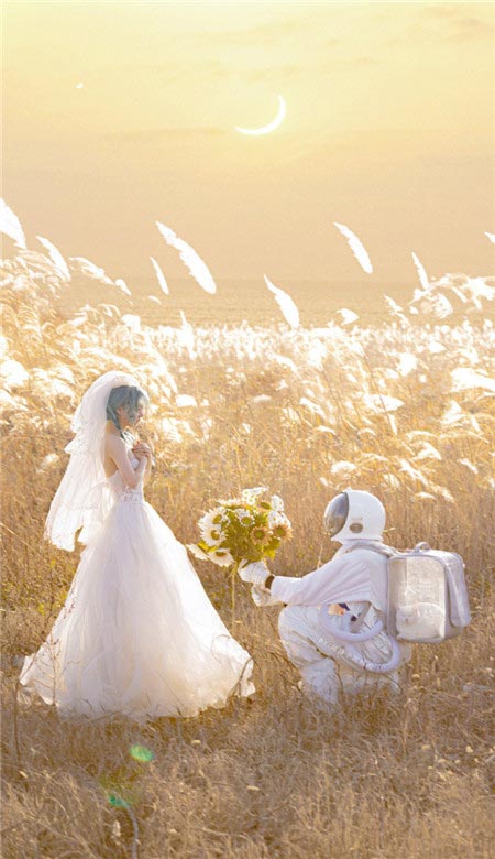 宇航员的浪漫婚纱情侣壁纸，喜欢大海日落以及一些爱而不得的东西